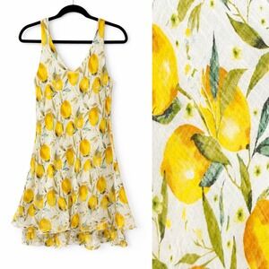 Womens Italian Lemon Print V Neck Ruffle Hem Sleeveless Dress Size S Gauzy